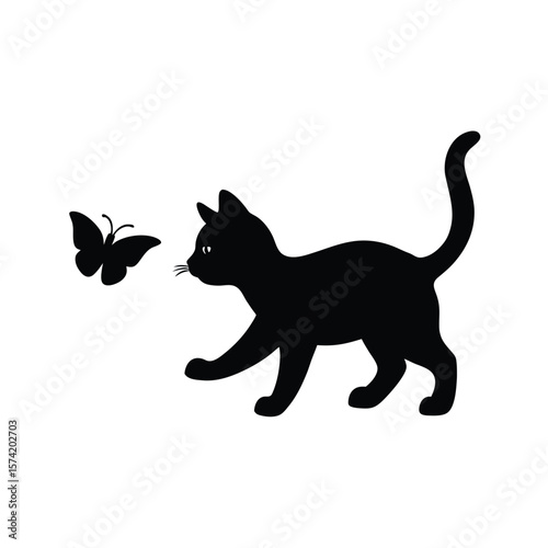 Black silhouette of a playful kitten chasing a butterfly on a white background playing