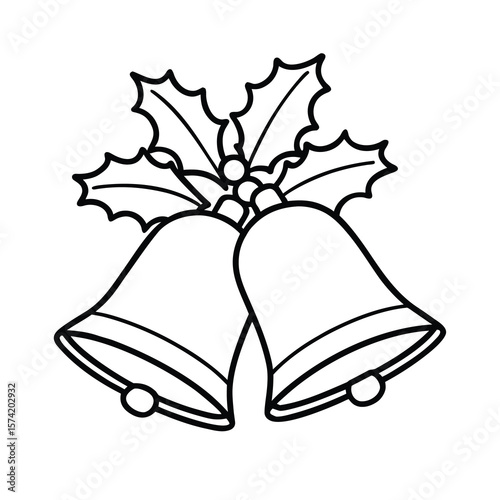 two golden Christmas bells with holly and berries