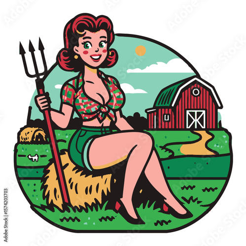 Vintage Cartoon Farm Girl with Pitchfork Sitting on Hay Bales