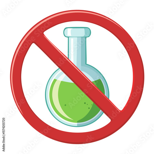 No Chemical Additives Badge Icon with Flask and Prohibition Circle, Solid Vector Symbol for Non-Toxic, Natural, and Safe Product Packaging Design on White Background