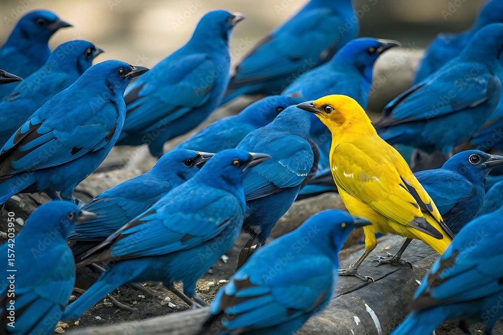 Obraz premium One bright yellow bird stands out amongst a flock of vivid blue birds