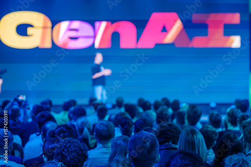 Tech conference focusing on GenAI trends, featuring speaker on stage addressing interested audience.
