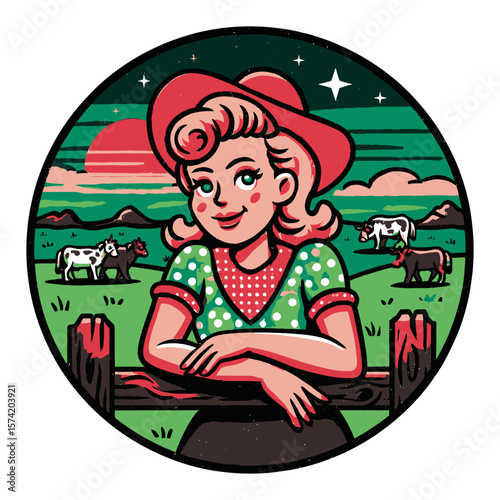 Retro Cartoon Cowgirl Riding Bull with Lasso in Vibrant Landscape Setting
