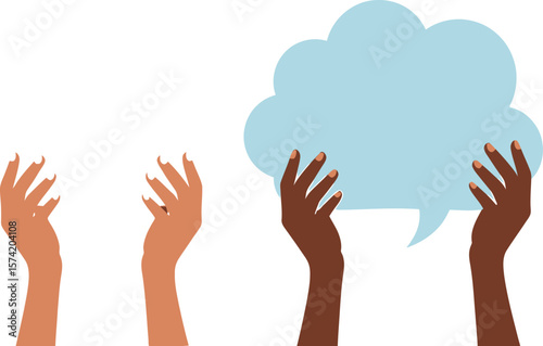 Three pairs of hands holding up speech bubbles of different shapes and colors