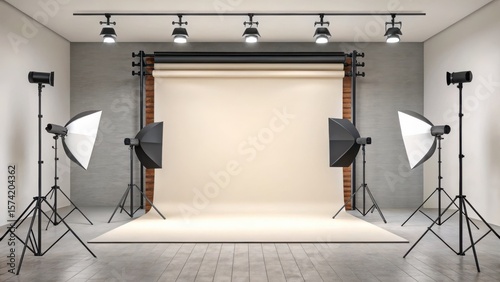 Empty photography studio with softbox lights and a seamless backdrop.