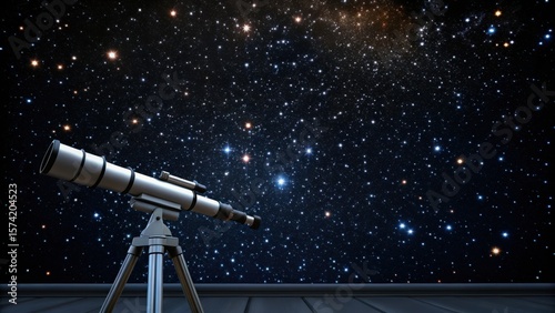 A telescope points toward a starry night sky filled with countless stars.