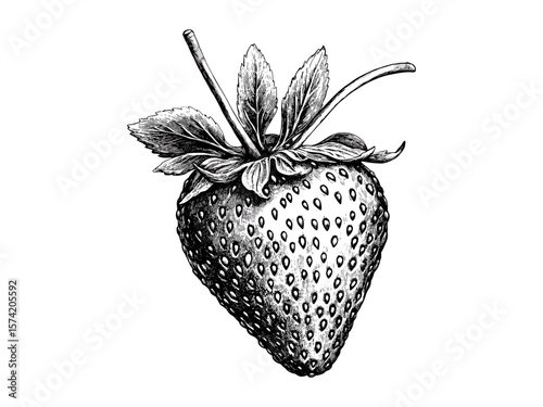 Vintage engraved strawberry drawing, black line art, antique fruit sketch, retro garden illustration, sweet red berry decor, old engraving style, rustic botanical art, natural food design