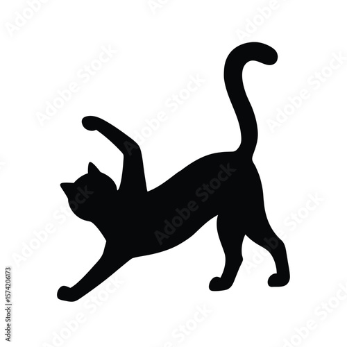 Black cat silhouette stretching in yoga pose on white background vector