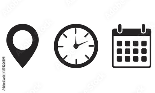 Location, Time, and Date: A minimalist design, highlighting the core concepts of place, time, and scheduling using sleek, unified icons. 