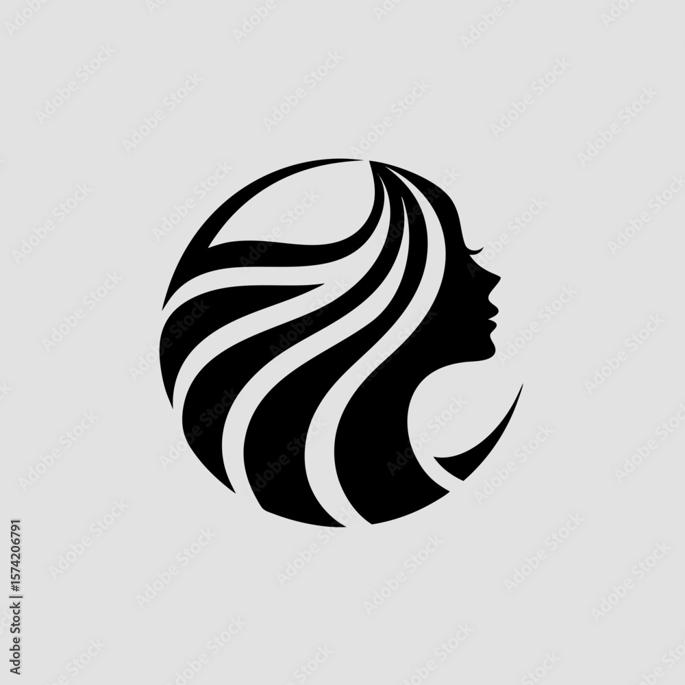 Naklejka premium Minimalist beauty salon logo with female face profile and flowing hair inside a circle, elegant black vector design for spa, cosmetics, or hair styling brand identity.
