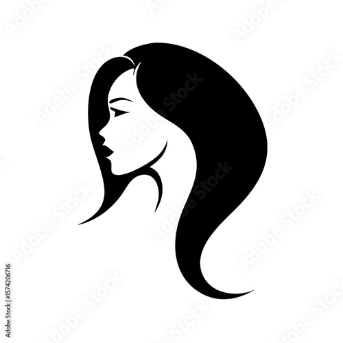 Female profile silhouette with long flowing hair in black and white vector style