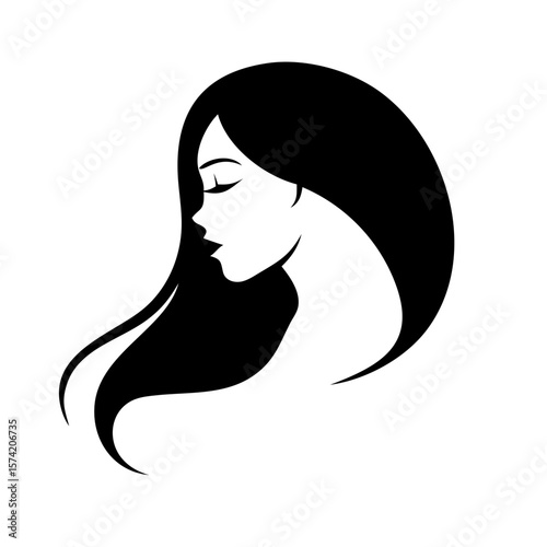 Female profile silhouette with long flowing hair in black and white vector style