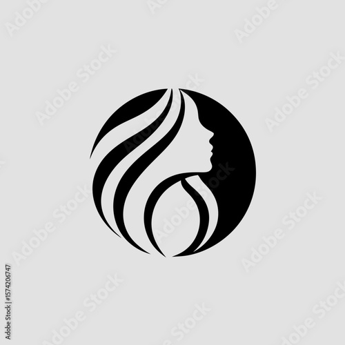 Minimalist beauty salon logo with female face profile and flowing hair inside a circle, elegant black vector design for spa, cosmetics, or hair styling brand identity.