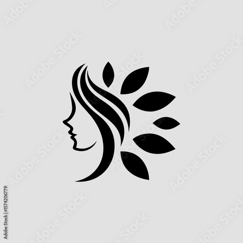Elegant Woman Profile Logo with Natural Leaves and Flowing Hair