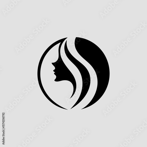 Minimalist beauty salon logo with female face profile and flowing hair inside a circle, elegant black vector design for spa, cosmetics, or hair styling brand identity.