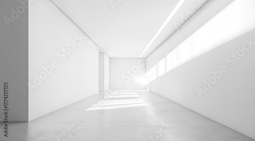 Empty white hallway with light streaming in