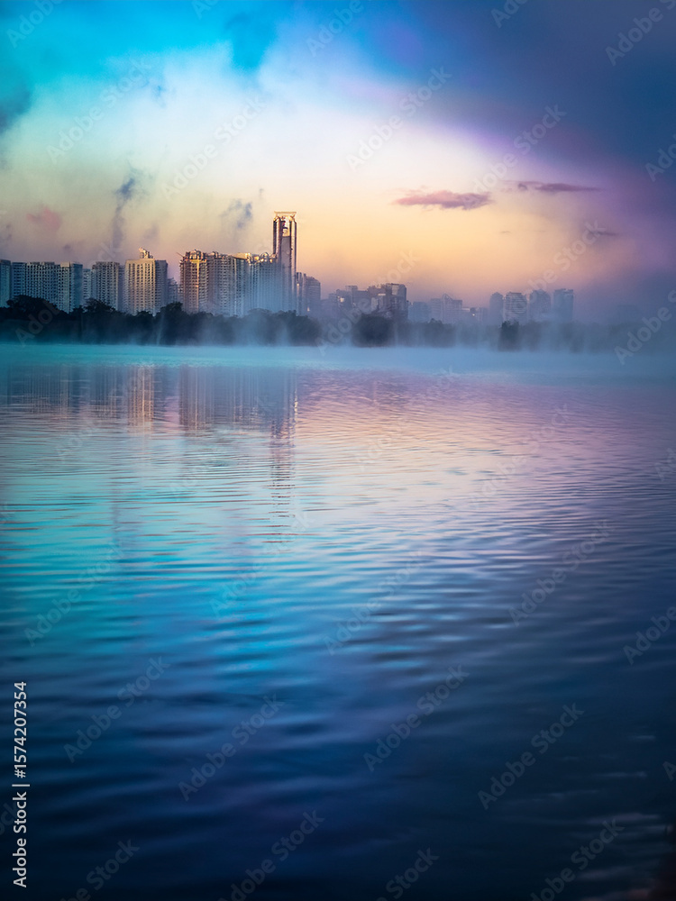 Naklejka premium Majestic water surface shimmering with gentle ripples beneath glowing magical skies