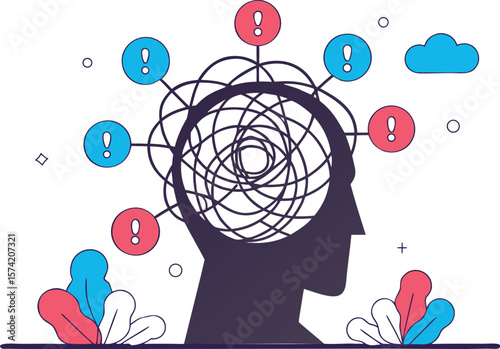 Head with Tangled Thoughts and Exclamation Marks - Mental Confusion and Overthinking