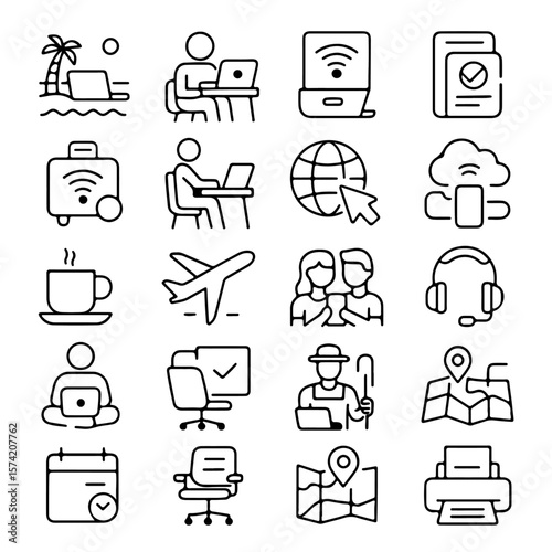 A collection of essential icons related to modern lifestyle and work-from-anywhere flexibility, featuring various scenarios of people connecting and working using technology.