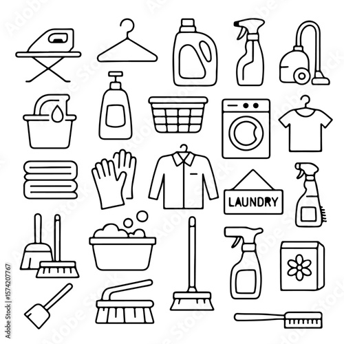 An array of cleaning tools and laundry essentials are neatly arranged, meticulously drawn in black and white, perfect for design or editorial use.