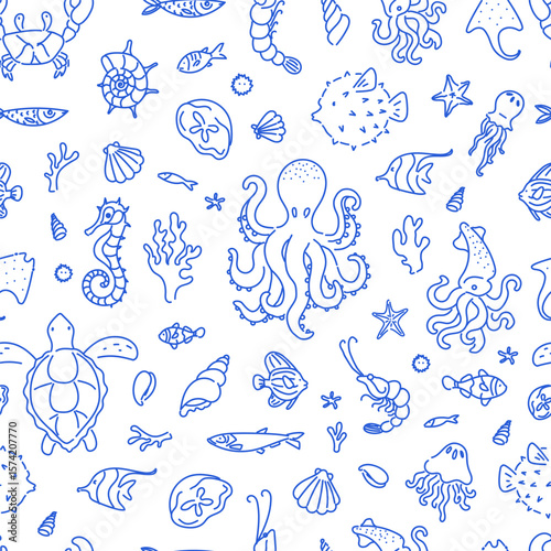 Seamless pattern with hand drawn marine animals including octopus, turtle, seahorse, jellyfish, squid, and fish on white background.