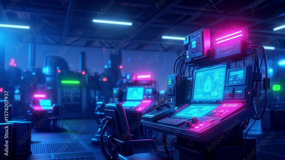 Scifi inspired factory floor with cybernetic equipment and neonlit operational consoles.
