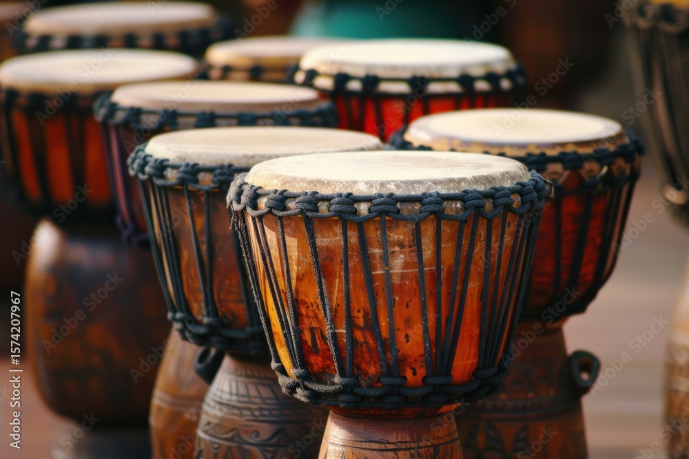 Fototapeta premium Row of traditional african djembe drums waiting to be played, creating a vibrant and rhythmic atmosphere