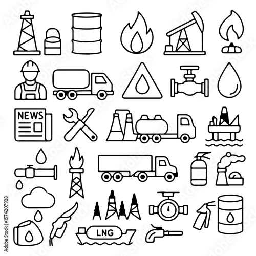 An illustration of icons of oil industry and its elements, representing energy, engineering, transport.