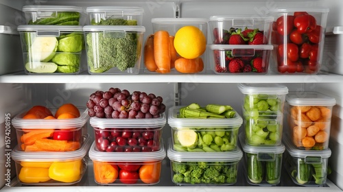 Organized refrigerator interior featuring labeled containers and fresh ingredients neatly arranged on clean shelves, symbolizing smart food storage, meal planning,modern kitchen hygiene safety concept