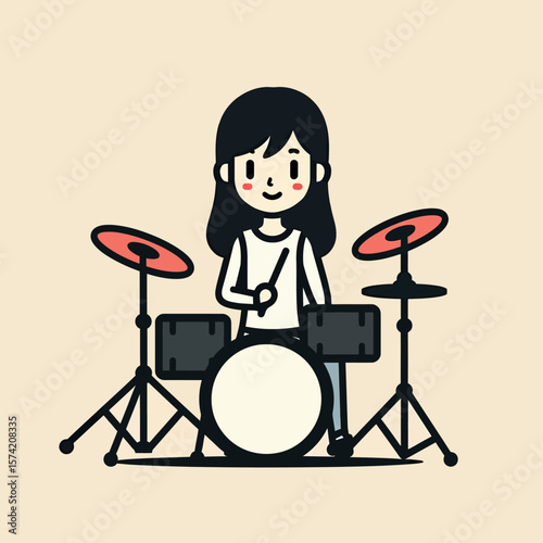 Adorable Cartoon Illustration of a Happy Young Girl Enthusiastically Playing a Full Drum Set, Ideal for Music Education Materials, Hobby Graphics, or Fun Kids' Art Projects.
