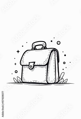 Cute Black and White Hand-Drawn Cartoon Illustration of a Simple Business Briefcase with Playful Surrounding Elements, Perfect for Creative Work Concepts, Digital Art, or Fun Professional Designs.
