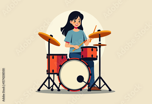 Showcase the engaging depiction of a cheerful young drummer girl playing her drum set with passion, a fun and energetic illustration perfect for inspiring music enthusiasts or adding a lively musical 