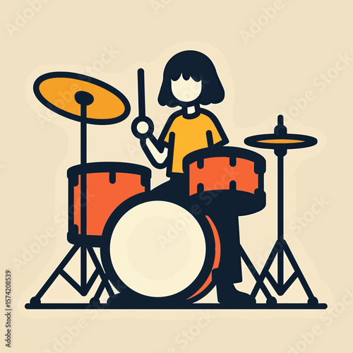 Embrace the simple, graphic charm of a stylized drummer girl in action, her rhythmic movements creating a bold visual statement, perfect for adding a touch of modern artistic flair to music-themed des