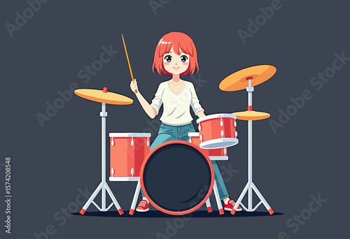 Admire a vibrant anime-style drummer girl, skillfully commanding her drum set with passion and flair, a visually appealing depiction of musical talent and energetic performance, 