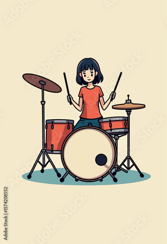 Capture the energy of a young drummer girl enthusiastically playing a drum kit, a vibrant and dynamic scene of musical passion, ideal for inspiring aspiring musicians or celebrating the joy of rhythm 