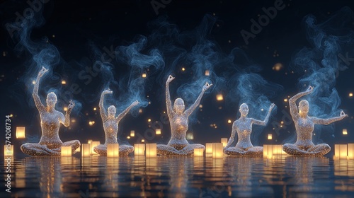 Glowing Abstract Figures Practicing Yoga in Modern Artistic Composition