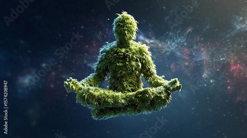 Green Moss Figure Meditating with Nature and Environmental Theme