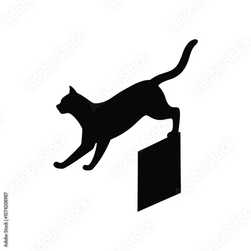 Black cat silhouette mid leap across a gap on white background feline animal