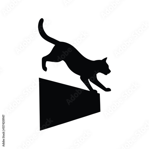 Black cat silhouette jumping off a white geometric shape feline animal