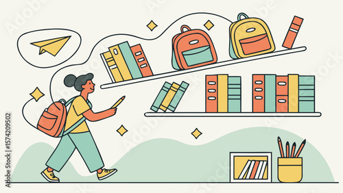 Student with backpack walking past bookshelves and school supplies isolated on white background