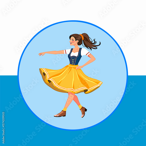 From the Oktoberfest series: a girl in a dirndl dances a folk dance against the background of a traditional Bavarian pattern with blue and white strips.