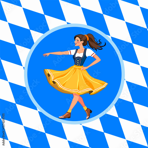From the Oktoberfest series: a girl in a dirndl dances a folk dance against the background of a traditional Bavarian pattern with blue and white diamonds.