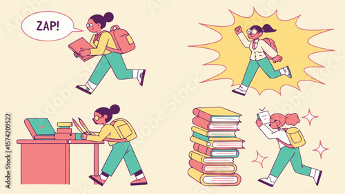 Student life montage of studying and running with books isolated on white background