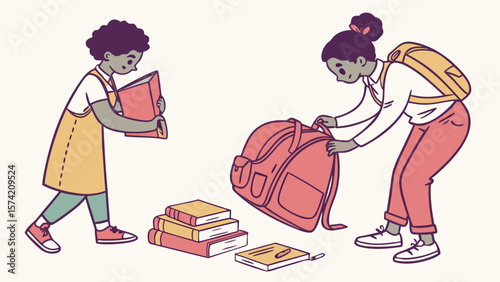 Two children packing books and backpacks for school isolated on white background