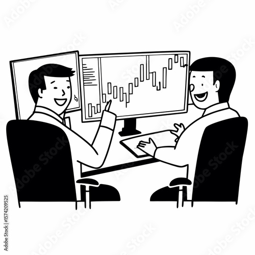 Two men traders sitting at desk at office together monitoring stocks data candle charts on screen analyzing price flow smiling cheerful having profit teamwork concept