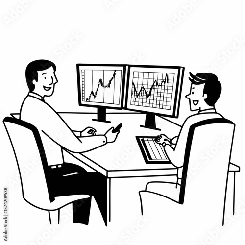 Two men traders sitting at desk at office together monitoring stocks data candle charts on screen analyzing price flow smiling cheerful having profit teamwork concept