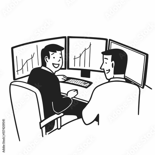 Two men traders sitting at desk at office together monitoring stocks data candle charts on screen analyzing price flow smiling cheerful having profit teamwork concept