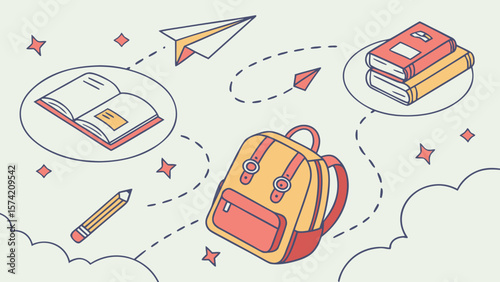 School supplies including backpack books and pencil isolated on white background