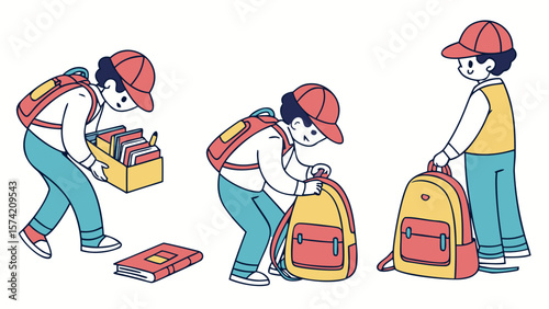 Young student packing backpack with books and supplies isolated on white background