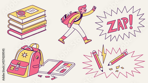 Energetic student with backpack and school supplies isolated on white background